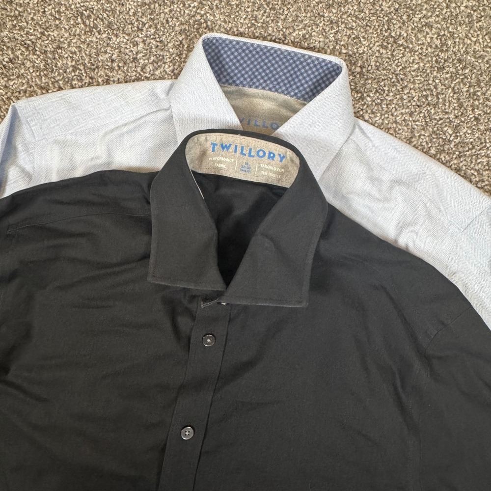 2 Twillory Mens Performance Dress Shirt Black Blue Trim Fit 15 32/33